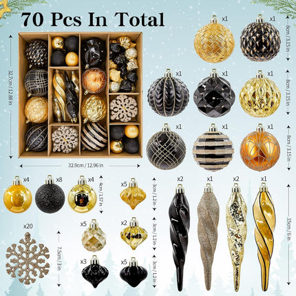 70CT Shatterproof Christmas Ornaments Set Xmas Tree Balls Decorative Ornaments with Hooks for Holiday Halloween Party Decorations, Black & Gold