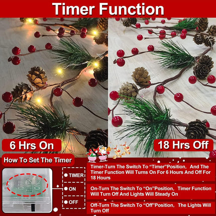 2 Pack Pine Cone Christmas String Lights Christmas Garland, Total 12Ft 40LED Battery Operated Christmas Garland with Lights Timer Red Berry Pinecones Fairy String Lights Xmas Decoration Indoor Outdoor