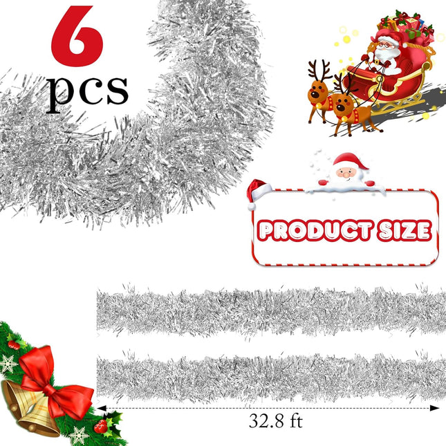 Shappy 196.8 Feet 6 Rolls Christmas Tinsel Garland Glitter Metallic Twist Garland for Xmas Tree Wedding Birthday Party Supplies Hanging Decorations(Silver)