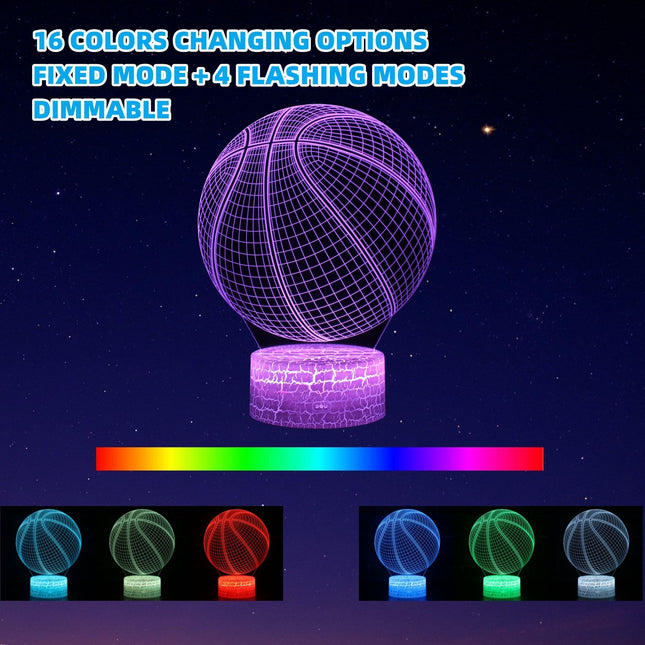 Basketball Night Light for Kids Bedroom, 3D Illusion Lamp, 3 Patterns 16 Colors Changing Dimmable Room Decor, Touch & Remote Control, Christmas Birthday Teenage Boy Girl Sports Fan