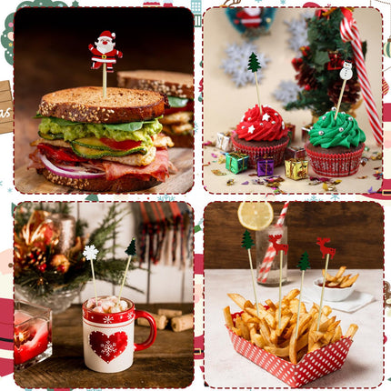 200Pcs Christmas Cocktail Picks,Christmas Tree Snowflake Snowman Santa Claus Reindeer Cocktail Picks Party Toothpicks for Appetizers Cocktail Decorations for Christmas Party Supplies