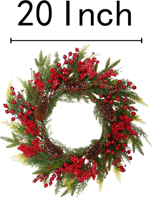 VGIA 20 Inch Christmas Wreath for Front Door Artificial Winter Wreath with Pine Needles Pinecones Red Berries Snowy Xmas Door Wreath for Indoor Outdoor Christmas Decor