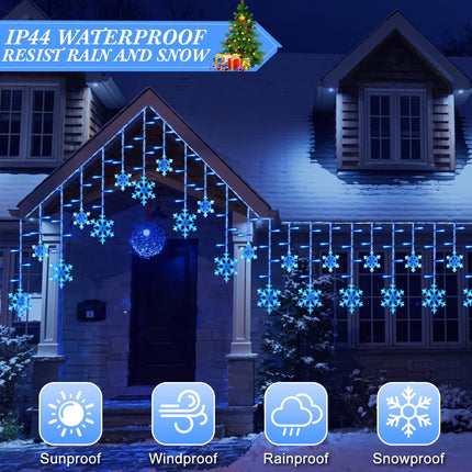Retisee 34.45 ft Christmas Snowflake Lights, LED Lights Outdoor with Drops, 8 Modes, Ip44 Waterproof Christmas Lights for Curtain Eaves Window Indoor Outdoor Xmas Decorations (Blue)