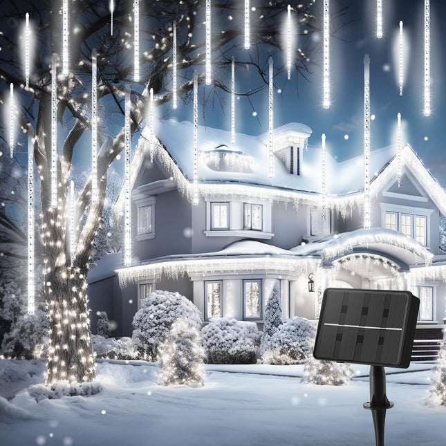 Minetom Solar Meteor Shower Icicle Lights,20 Tubes 480 LED Solar Christmas Lights Outdoor Waterproof, Cascading Lights Falling Rain Lights for Holiday Party Wedding Christmas Decorations, Pure White