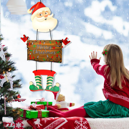 Christmas Hanging Decor, Charming Santa Claus Wooden Door Sign, Light-up Merry Christmas Sign,Winter Advent Xmas Decoration for Indoor Walls, Windows and Outdoor Hallways (Batteries Not Included)