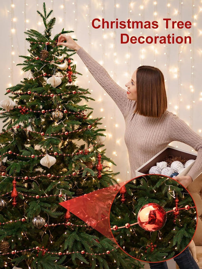 Christmas Tree Beads Garland Decorations,66Ft Strands Chain Pearls Beads String for DIY Christmas Tree Wreath, Xmas Decor Beaded Garlands for Stairs Fireplace Wedding Holiday Party (Red)