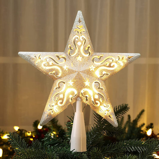 BrizLabs Lighted Christmas Star Tree Topper, 8” Silver Star Xmas Treetop with 10 Lights, UL Plug-in Warm White Tree Topper for Holiday Christmas Tree Decor