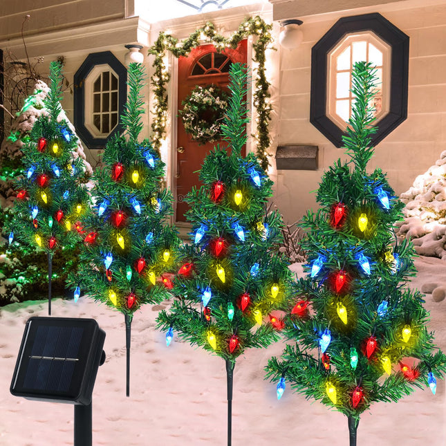 4PCS Solar Christmas Tree for Christmas Decoration Outside Pathway Lights with 80 C6 Multi-Color Lights Water Proof for Garden Yard and Outdoor Christmas Decorations