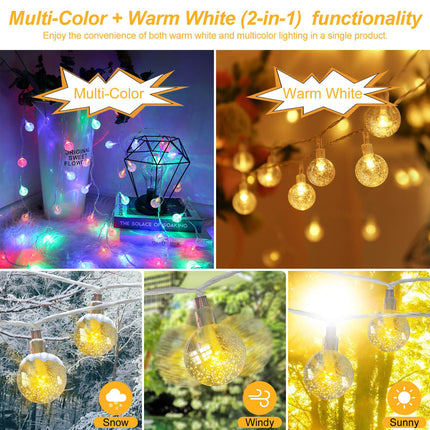 50ft String Lights -𝗠𝘂𝗹𝘁𝗶-𝗖𝗼𝗹𝗼𝗿+𝗪𝗮𝗿𝗺 𝗪𝗵𝗶𝘁𝗲 (𝟮-𝗶𝗻-𝟭), Extendable Crystal Globe String Lights Plug in for Outdoor & Indoor Bedroom, Classroom,Dorm,Patio