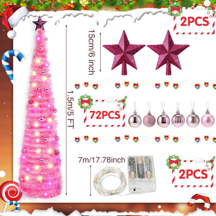 Hiboom 2 Pcs Collapsible Pop up Christmas Tinsel Tree with Light Hanging Ornament 5 ft Artificial Pencil Christmas Tree Decoration Star Pop Tree Artificial Xmas Tree for Decoration(Pink)