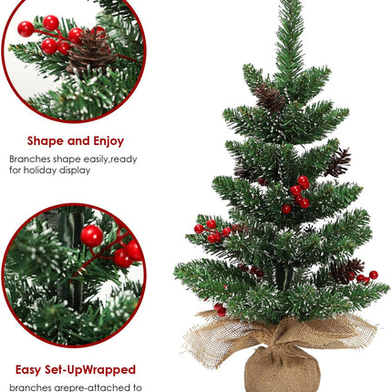 Festive 60cm Tabletop Christmas Tree in PVC, Stable Cement Base, Wrapped in Burlap, Whitened Branches, 68 Tip Counts, Topped with 6 Red Berries, 6 Simulation Pine Cones