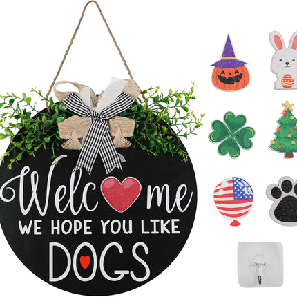Zavothy Interchangeable Welcome Wreath Sign for Farmhouse Front Porch Decor - We Hope You Like Dogs, for Independence Day All Seasons Holiday Halloween Christmas Home Decoration