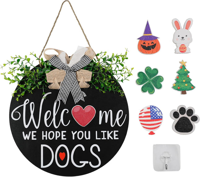Zavothy Interchangeable Welcome Wreath Sign for Farmhouse Front Porch Decor - We Hope You Like Dogs, for Independence Day All Seasons Holiday Halloween Christmas Home Decoration