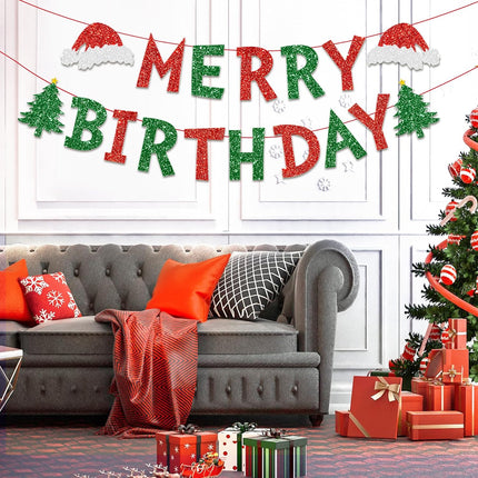 Christmas Decorations Indoor Merry Birthday Party Banners, Glittery Christmas Decor Banner for Party, Red Green Christmas Tree Garland Banner Home Fireplace Decor Xmas Decorations