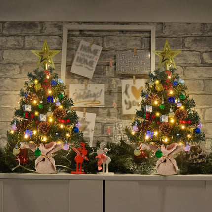 Krissing 2 Pack Mini Christmas Tree, 2FT Artificial Small Christmas Tree with 50 Lights Pine Cone Red Berries Battery Operated Realistic Tabletop Christmas Tree for Indoor DIY Christmas Decorations