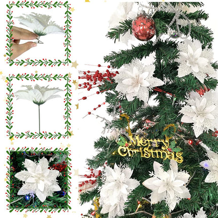15 Pcs Christmas Flowers Artificial Poinsettia Flower Decorations with Clips and Stems, Glitter Christmas Poinsettia Decorations, Christmas Tree Ornaments for Party Wreath DIY（White）