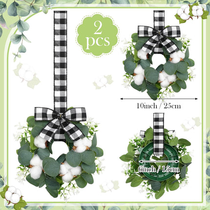 Dingion 2 Pcs 10" Christmas Kitchen Cabinet Wreaths Mini Cotton Eucalyptus Wreath for Front Door Small Farmhouse Winter Wreath with Buffalo Plaid Ribbon for Door Porch Wall Window Chair Decor