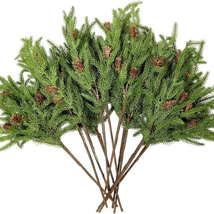 WBHome 12 Pcs Christmas Norfolk Pine Branches with Pine Cones - 18" Real Touch Norfolk Pine Branch- Artificial Xmas Branches Plants Pine Needles for DIY Craft Garland Home Garden Decor