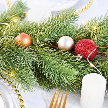 Christmas Pine Garland with 50LED Lights and 24pcs Balls, 6Ft Christmas Greenery Garland Realistic Cedar Artificial Cypress Garland for Holiday Mantel Fireplace Table Centerpiece Decor