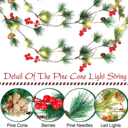 2 Pieces Christmas Garland with Lights Battery Operated Christmas Smokey Pine Garland Red Berry Pine Cone LED Christmas Lights for Mantel Pine Garland with Lights for Fireplace Stair Party (9 ft)