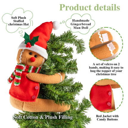Gingerbread Christmas Tree Topper Decorations,Gingerbread Ornament Doll Tree Hugger Decor for Curtain Wine Bottle Christmas Tree Holiday Home Decor, 11" x 15"