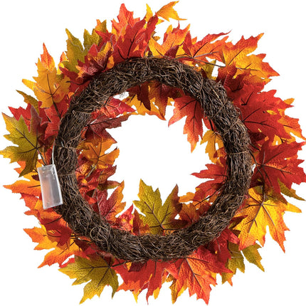 Glitzhome 24 Inch Pre-lit Fall Wreath Autumn Wreath for Front Door, Lighted Maple Leaves Wreath with Timer for Thanksgiving Halloween Christmas Wreath Wall Front Porch Home Decoration