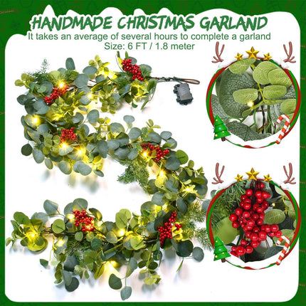 Rocinha 6.3FT Christmas Garland for Decoration, Artificial Pine Eucalyptus Garland, Pre-lit Holiday Greenery Garland, Christmas Garlands for Fireplace Holiday, Indoor & Outdoor Decorations