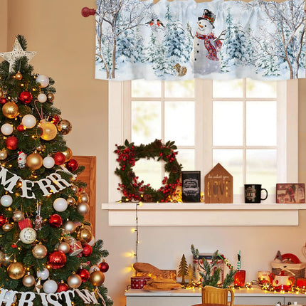 Christmas Snowman Tie Up Window Valances for Kitchen, Winter White Rod Pocket Kitchen Curtain Valance Small Window Topper Decor Xmas Tree Valance Curtains for Living Room, Bedroom, Bathroom, 60" x 18"