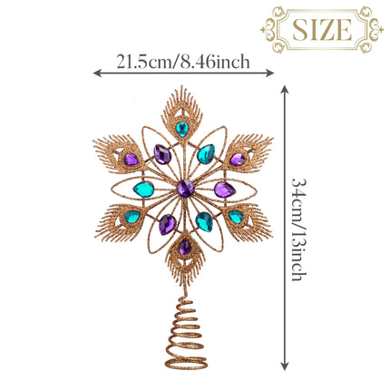Valery Madelyn Lighted Christmas Tree Topper Star with Timer for Tree Decorations, 13 Inch Copper Gold Metal Star Tree Topper Snowflake Peacock Feather Jewel with Lights for Home Party Indoor