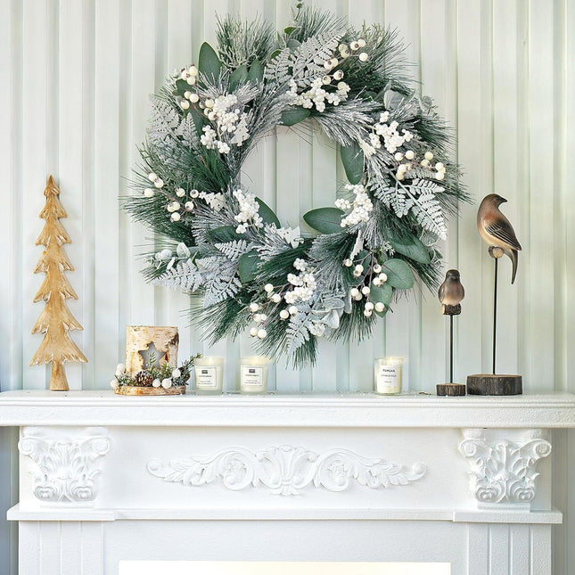 Winter Wreaths for Front Door 24 Inch Artificial Christmas Wreath Decorated with White Berries,Outdoor Winter Door Wreath Green Eucalyptus Wreath for Farmhouse Home Porch Wall Decor