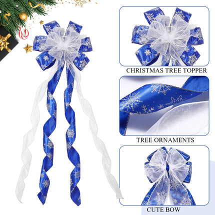 Zeyune 37 Pcs Christmas Tree Decoration Set with Large Christmas Decorative Bow Topper 12 Glitter Poinsettia Flowers 12 Plastic Xmas Snowflake 12 Ribbon Bow for Holiday Party Ornaments (Blue)