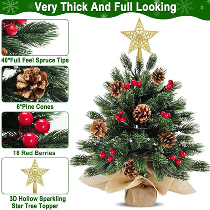 2 Pack 18 Inch 60 LED Realistic-Feel PE Thick Tabletop Christmas Tree Warm Lights with Timer Battery Operated Cedar Norfolk PE Pine Spruce Mini Small Christmas Tree Red Berry Pinecone Star Xmas Decor