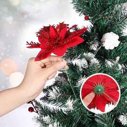 NUOBESTY 12Pcs Christmas Glitter Poinsettia Artificial Flowers, Christmas Wreath Christmas Tree Flowers Ornaments with Clips and Stems for Xmas Wedding Party Wreath (Red)