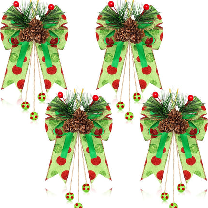 Waydress 4 Pcs Red Green Christmas Bows Decoration 8.66 Inch Large Glitter Dot Christmas Bows with Pine Cones Red Green Ribbons Elf Ornaments for Wreaths Garland Christmas Tree Party(Red Green)