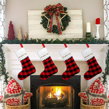 NOVWANG 10 Pack Christmas Stockings, 15.5 Inch Red Black Buffalo Plaid Christmas Stockings Bulk Festive Holiday Decor for Tree, Fireplace, Wreath