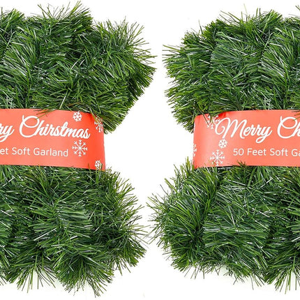 2 Pack 50 Foot Soft Christmas Garland, Non-lit Christmas Garland Ideal for Indoor and Outdoor Decor, Green Tinsel Garland for Holiday Wedding Party Decoration