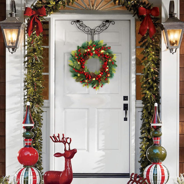 MACTING 20inch Christmas Wreaths for Front Door,8 Lighting Mode Artificial Wreath with Lights Battery Operated Indoor Outdoor Winter Christmas Wreaths with Red Berries Pine Cones and Ball Ornaments