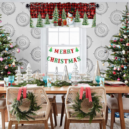Christmas Snowman Curtain Valances for Windows Living Room, Winter Snowflake s Xmas Tree Curtain Toppers and Valances for Bedroom, Red Black Plaid Valance Kitchen Curtains with Rod Pocket 54"x18"