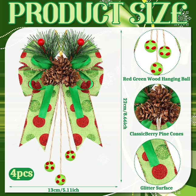 Waydress 4 Pcs Red Green Christmas Bows Decoration 8.66 Inch Large Glitter Dot Christmas Bows with Pine Cones Red Green Ribbons Elf Ornaments for Wreaths Garland Christmas Tree Party(Red Green)