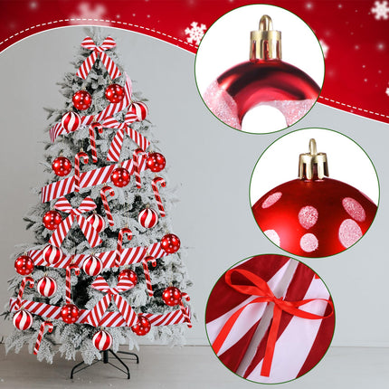 Shappy Red White Christmas Tree Ornaments Sets Red and White Christmas Tree Skirt Decorations Dots Stripes Ball Striped Fabric Plastic Canes for Xmas Holiday Party Supplies(39.4'')