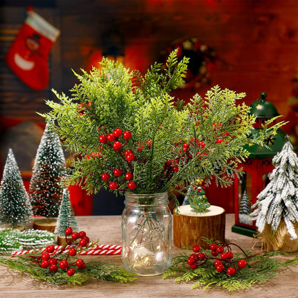 Panelee 48 Pcs Christmas Artificial Pine Branches with Red Berry Stems 12.8''Christmas Pine Needles for DIY Fake Greenery Christmas Garland Wreath Xmas Embellishing Flower Arrangements Decoration