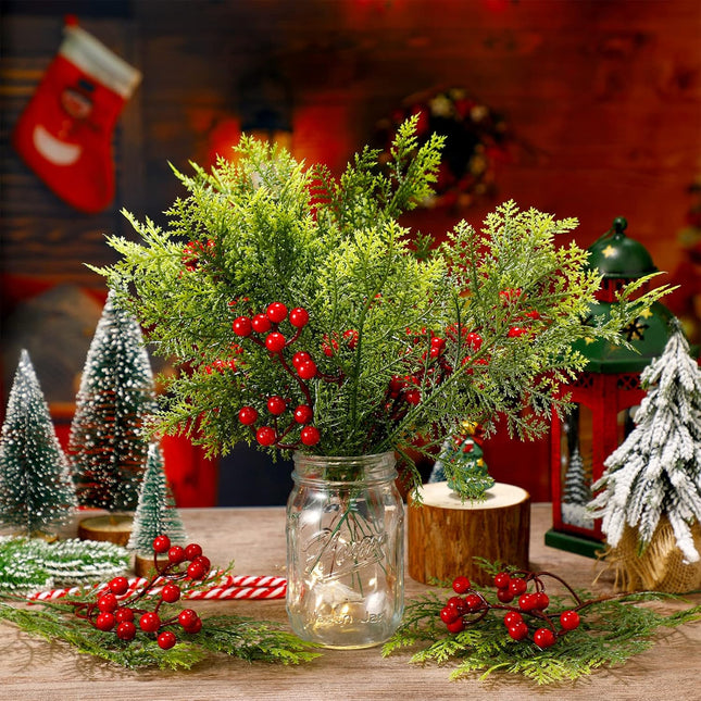 Panelee 48 Pcs Christmas Artificial Pine Branches with Red Berry Stems 12.8''Christmas Pine Needles for DIY Fake Greenery Christmas Garland Wreath Xmas Embellishing Flower Arrangements Decoration