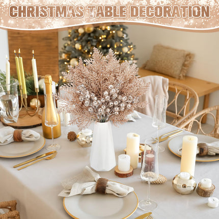 Cindeer 80 Pcs Christmas Glitter Berries Stems Pine Needles Christmas Artificial Picks Fake Floral Twig Spray for Xmas Tree Ornaments DIY Wreath Garland Decorations(Champagne Gold)