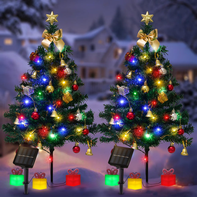 2 Pack Solar Mini Christmas Tree Decorations Lights, 30 Inch 8 Flashing Modes Waterproof Xmas Decor, 60 LED Lights with Ornaments 6 Lighted Boxes for Porch Pathway Yard Garden (Multicolor)