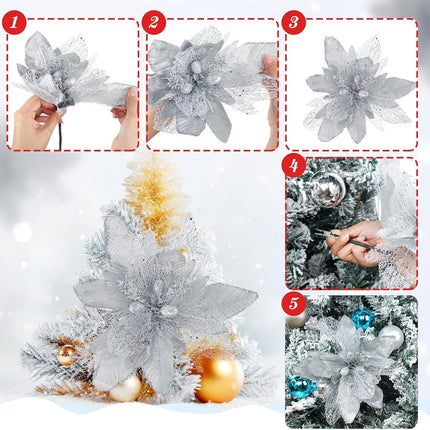 Riceshoot Poinsettia Flower Artificial Poinsettia with Clips Christmas Decor Glitter Poinsettia Christmas Ornaments Christmas Tree Flower Decoration with Stem Xmas Wreath Holiday Home Decor(Silver)