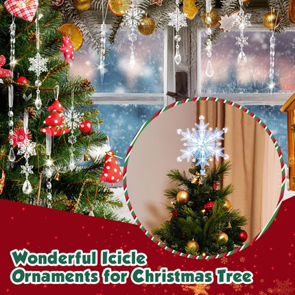 13 Pcs Christmas Snowflake Star Tree Topper Lighted Xmas Treetop with Hanging Icicle Crystal Christmas Tree Ornaments,Christmas Tree Decorations Year Party Supplies(White, Fresh)