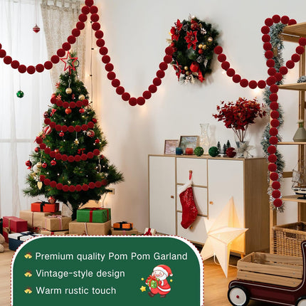 3 Pcs 9 Ft Christmas Pom Pom Garland 123 Ball Hanging Felt Ball Pompom Bead Ornament String Banner Garland for Wall Christmas Tree Indoor Home Room Decoration(Dark Red)
