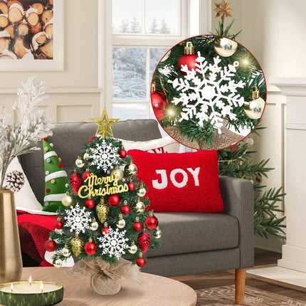 24Inch Mini Table Top Christmas Tree with 30LED Lights Small Christmas Tree with Star Treetop Snowflakes and 30 Ball Ornaments Prelit Desk Christmas Tree for DIY Xmas Tree Christmas Decor