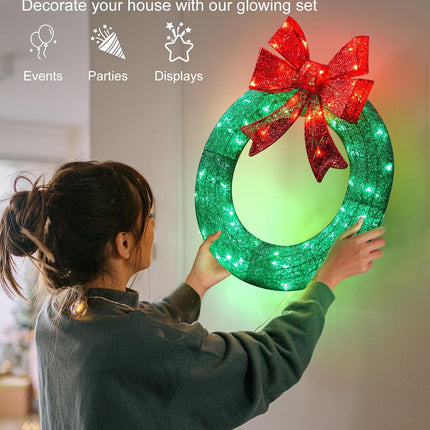 Brightown 24in Lighted Christmas Wreath Decorations, Outdoor Christmas Wreaths Holiday Decor with Bow Ribbon 60 LED Lights for Front Door Windows, Xmas s, Party Supplies, Home, Patio Lawn, Garden