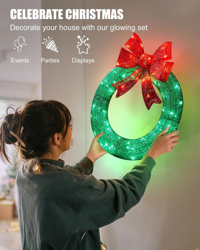 Brightown 24in Lighted Christmas Wreath Decorations, Outdoor Christmas Wreaths Holiday Decor with Bow Ribbon 60 LED Lights for Front Door Windows, Xmas s, Party Supplies, Home, Patio Lawn, Garden